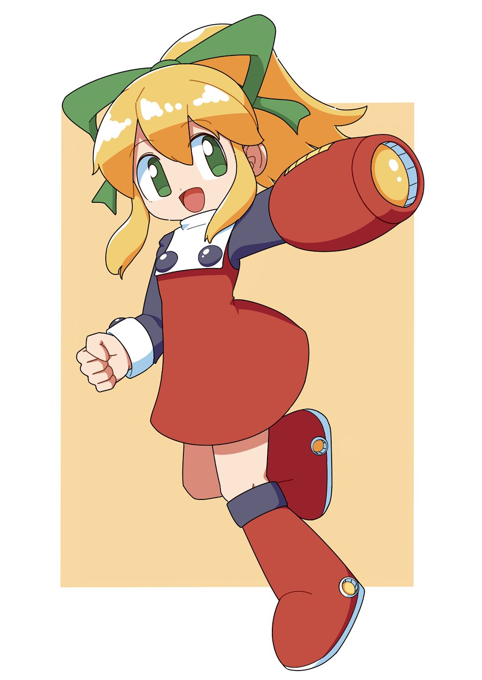 1girl :d arm_cannon black_sleeves blonde_hair boots clenched_hand cocia_(kosianko) commentary_request dress full_body green_eyes green_ribbon hair_between_eyes hair_ribbon highres leg_up long_sleeves mega_man_(classic) mega_man_(series) open_mouth ponytail red_dress red_footwear ribbon roll_(mega_man) smile solo weapon