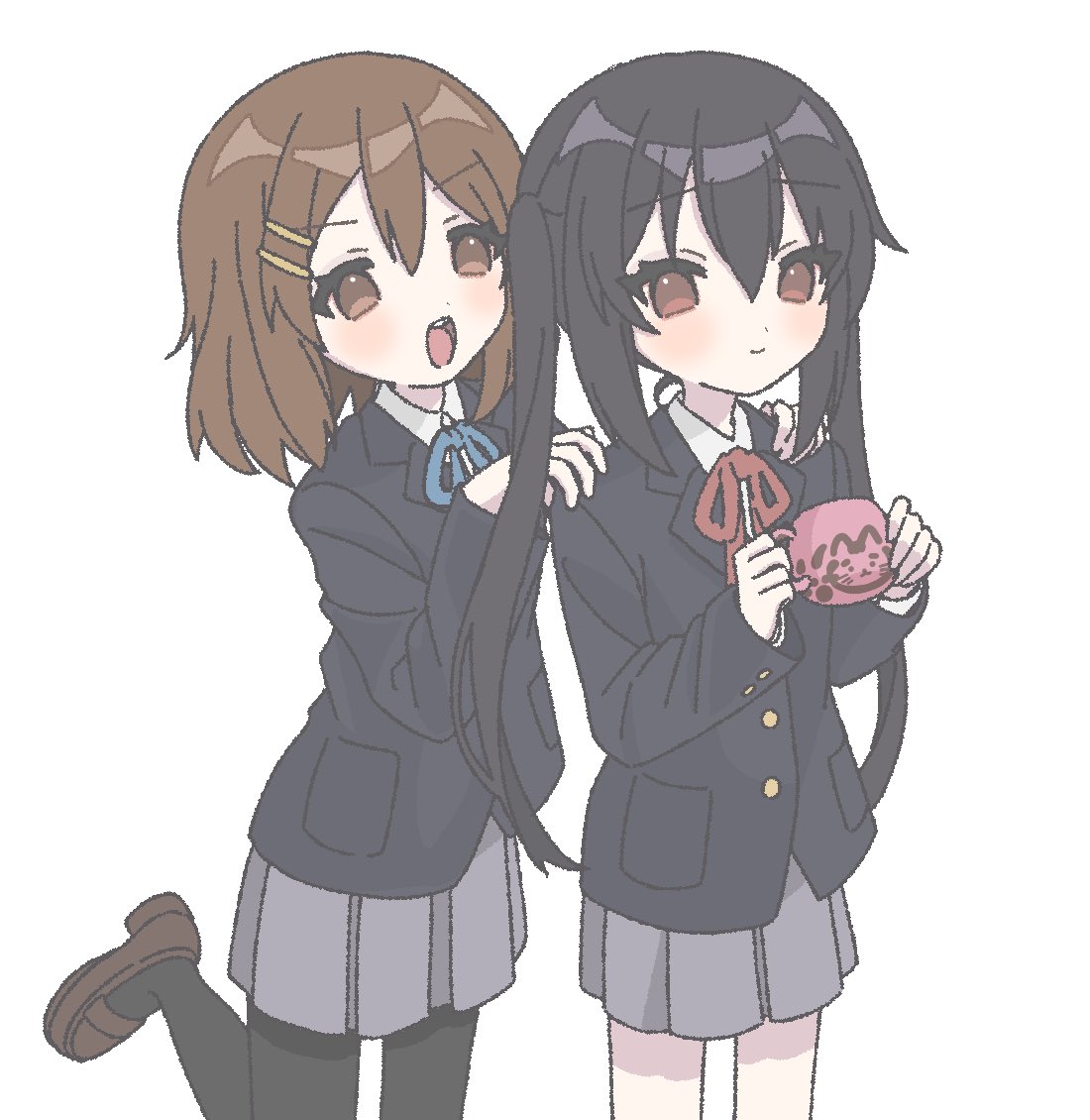 2girls :d black_hair black_jacket black_pantyhose blazer blue_ribbon brown_eyes brown_footwear brown_hair closed_mouth cup grey_skirt hair_ornament hairclip hands_on_another's_shoulders hirasawa_yui holding holding_cup jacket k-on! loafers long_hair looking_at_viewer multiple_girls nakano_azusa nanonome neck_ribbon pantyhose pleated_skirt red_ribbon ribbon sakuragaoka_high_school_uniform school_uniform shoes short_hair simple_background skirt smile standing teacup teeth tongue twintails upper_teeth_only white_background winter_uniform