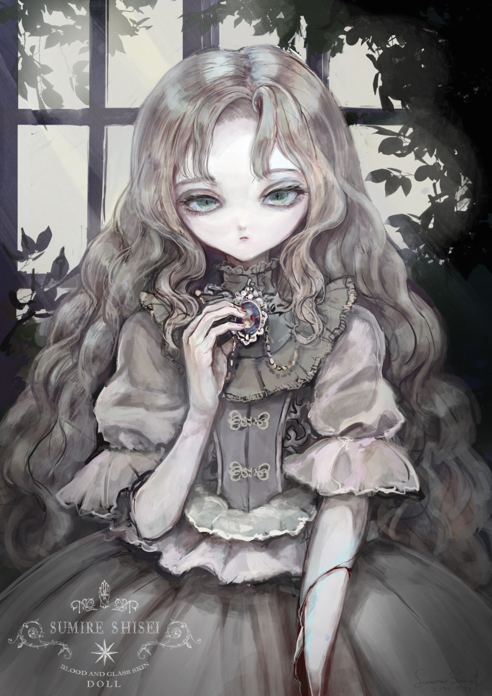 1girl blonde_hair brooch commentary_request cracked_skin doll doll_joints dress green_eyes highres jewelry joints lace leaf long_hair looking_at_viewer original pale_skin severed_arm severed_limb solo sumire_shisei upper_body window