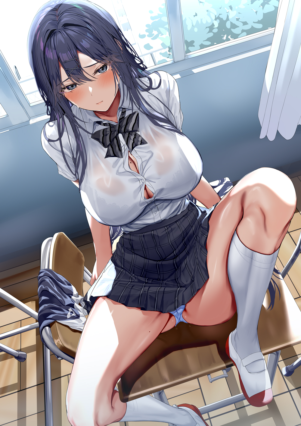 1girl arm_support black_hair black_skirt blush breasts bursting_breasts chair classroom cleavage closed_mouth collared_shirt commentary_request curtains desk grey_eyes hair_between_eyes highres large_breasts looking_at_viewer mole mole_on_breast neropaso original panties pleated_skirt school_chair school_desk school_uniform shirt short_sleeves sitting skirt socks solo spread_legs underwear white_panties white_shirt white_socks window wooden_floor