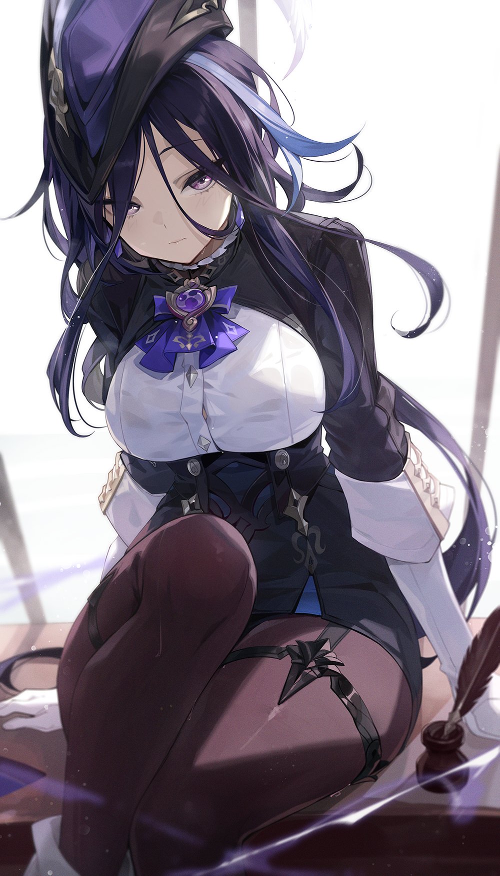 1girl black_corset blue_hair breasts button_gap clorinde_(genshin_impact) closed_mouth corset dark_blue_hair elbow_gloves epaulettes expressionless fold-over_gloves framed_breasts genshin_impact gloves goomrrat hat hat_feather highres large_breasts long_hair looking_at_viewer low_ponytail purple_eyes shirt simple_background sitting solo taut_clothes taut_shirt thighs tricorne vision_(genshin_impact) white_gloves white_shirt