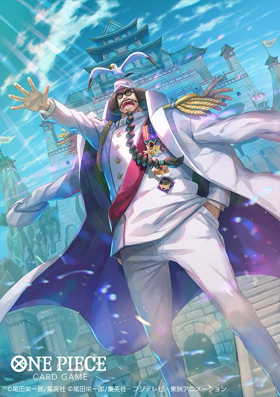 1boy beard bisaiiiii black_hair braid braided_beard castle coat coat_on_shoulders commentary_request copyright_name cowboy_shot epaulettes facial_hair from_below glasses hand_in_pocket jacket long_beard looking_ahead male_focus medal mustache official_art one_piece one_piece_card_game open_mouth outstretched_arm pants sengoku_(one_piece) sky solo white_coat white_jacket white_pants