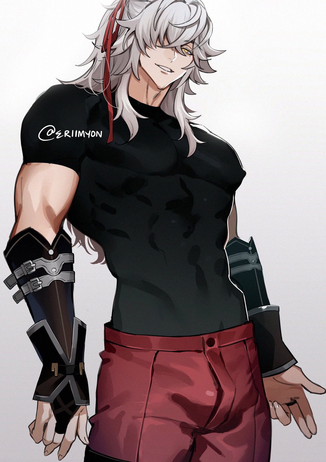 1boy black_shirt cowboy_shot eriimyon gauntlets hair_over_one_eye hair_ribbon highres honkai:_star_rail honkai_(series) jing_yuan long_hair looking_at_viewer male_focus pectorals red_ribbon ribbon shirt simple_background smile solo toned toned_male white_background white_hair