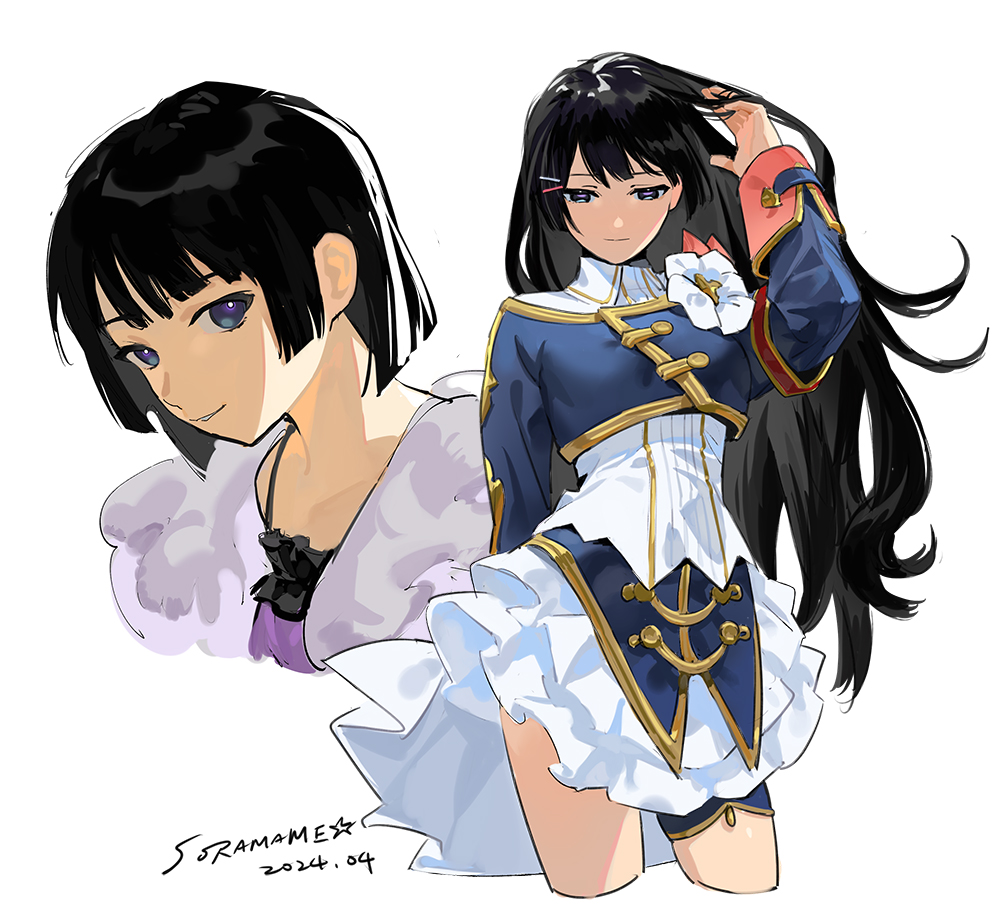 1girl arm_behind_back artist_name bangs_pinned_back black_hair blue_jacket closed_mouth cropped_jacket cropped_legs dated flower hair_ornament hairclip hand_in_own_hair hand_up jacket layered_skirt legs_apart long_sleeves looking_at_viewer looking_down multiple_views nijisanji pleated_skirt purple_eyes shirt short_hair simple_background skirt sleeve_cuffs smile soramame_(corndog) tsukino_mito virtual_youtuber white_background white_flower white_shirt white_skirt