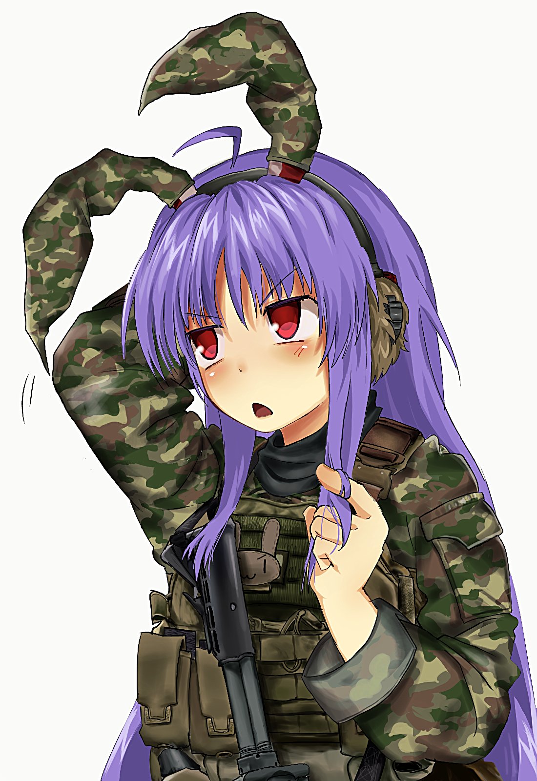 1girl animal_ears arm_behind_back camouflage camouflage_jacket chestnut_mouth headset highres jacket long_hair long_sleeves looking_to_the_side playing_with_own_hair pouch rabbit_ears rabbit_girl red_eyes reisen_udongein_inaba simple_background touhou upper_body v-shaped_eyebrows very_long_hair white_background yukine_0930