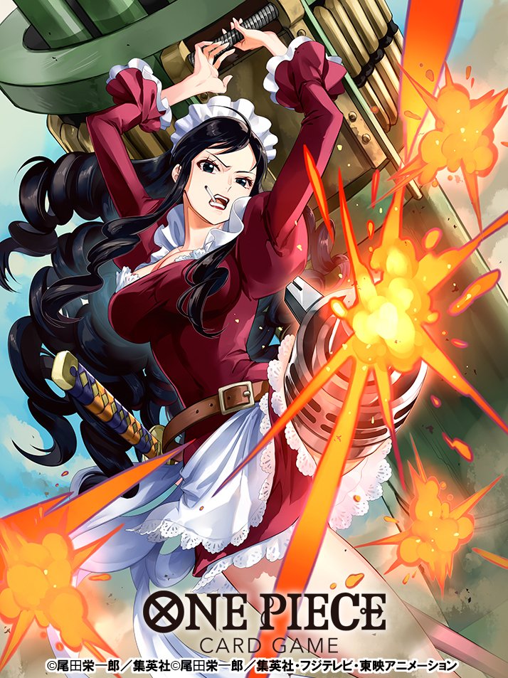 1girl aiming aiming_at_viewer apron baby_5 blue_eyes blue_hair cigarette commentary_request copyright_name dark_blue_hair dress drill_hair fire firing_at_viewer holding holding_weapon katana long_hair long_sleeves looking_at_viewer maid_apron maid_headdress mekameka_shii official_art one_piece one_piece_card_game puffy_short_sleeves puffy_sleeves purple_dress short_dress short_sleeves sky solo sword weapon