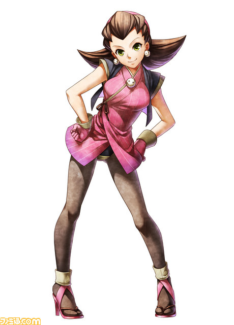adapted_costume breasts brown_hair crotch_plate earrings full_body gloves green_eyes hair_pulled_back hairband hands_on_hips high_heels japanese_clothes jewelry kimono koma medium_breasts onimusha_soul pantyhose pigeon-toed rockman rockman_dash shoes short_kimono simple_background smile solo tron_bonne watermark white_background