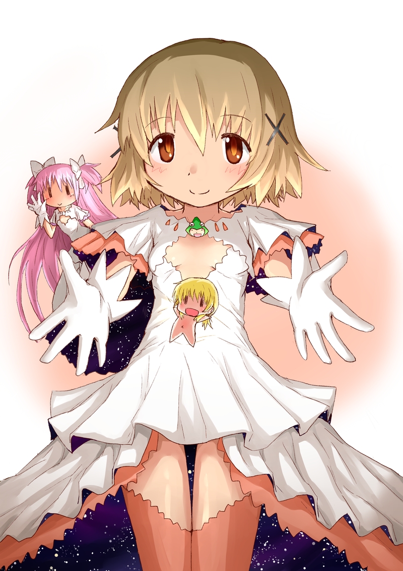 :&gt; :d bad_id bad_pixiv_id blonde_hair bow brown_eyes brown_hair chibi company_connection cosplay creator_connection dress gerisita gloves hair_bow hair_ornament hairclip hidamari_sketch kaname_madoka long_hair mahou_shoujo_madoka_magica miyako multiple_girls navel open_mouth pink_hair shaft short_twintails smile spoilers twintails two_side_up ultimate_madoka ultimate_madoka_(cosplay) ume-sensei yuno ||_||