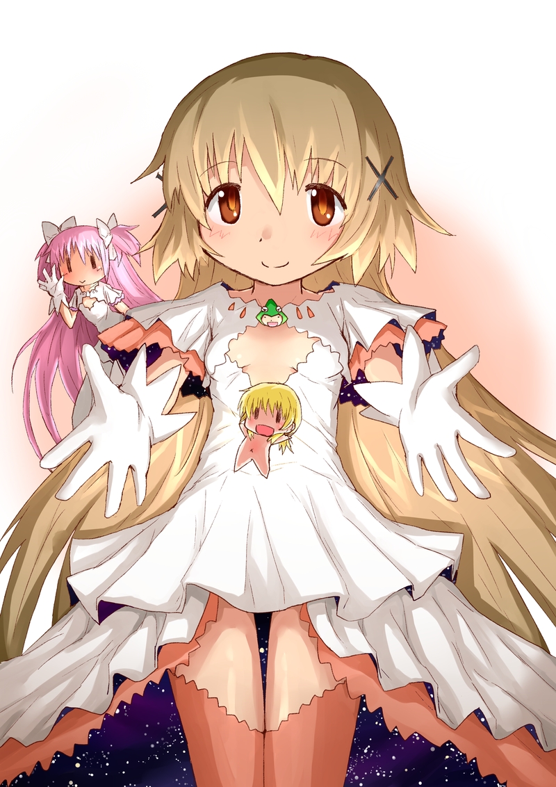 :&gt; :d alternate_hair_length alternate_hairstyle bad_id bad_pixiv_id blonde_hair bow brown_eyes brown_hair chibi company_connection cosplay creator_connection dress gerisita gloves hair_bow hair_ornament hairclip hidamari_sketch kaname_madoka long_hair mahou_shoujo_madoka_magica miyako multiple_girls navel open_mouth pink_hair shaft short_twintails smile spoilers twintails two_side_up ultimate_madoka ultimate_madoka_(cosplay) ume-sensei yuno ||_||