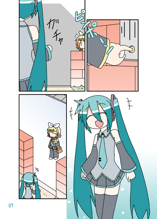 aqua_hair blonde_hair chibi_miku comic detached_sleeves hair_ribbon hatsune_miku kagamine_rin long_hair minami_(colorful_palette) multiple_girls necktie ribbon shirt short_hair silent_comic skirt twintails vocaloid