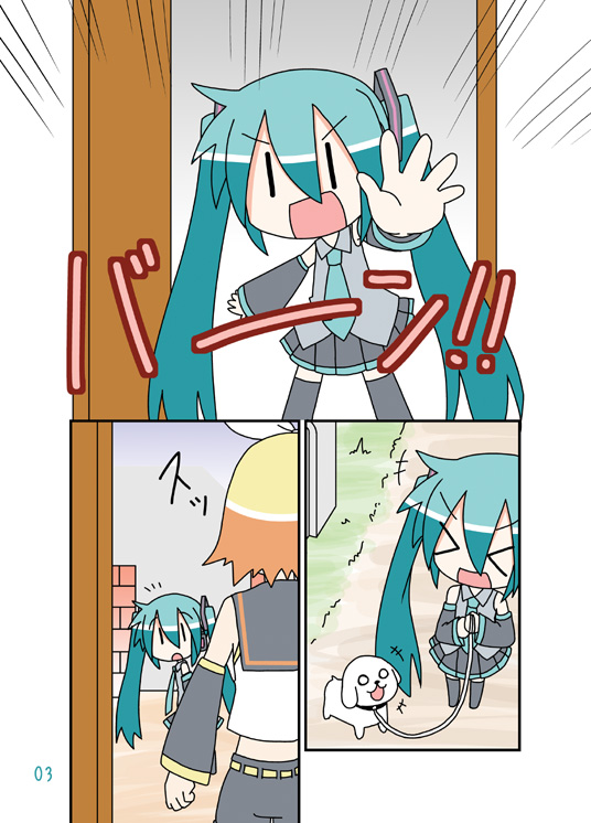 &gt;_&lt; :3 :d aqua_hair blonde_hair chibi_miku closed_eyes comic detached_sleeves dog hair_ribbon hamo_(dog) hatsune_miku kagamine_rin long_hair minami_(colorful_palette) multiple_girls necktie o_o open_mouth ribbon shirt short_hair silent_comic skirt smile twintails vocaloid xd |_|