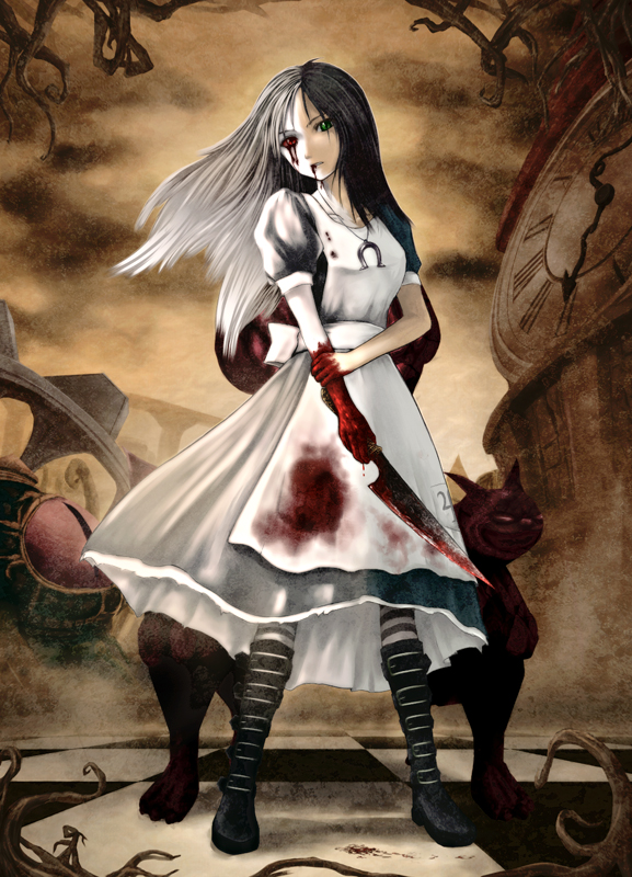 alice:_madness_returns alice_(wonderland) american_mcgee's_alice apron black_hair blood boots cheshire_cat dress green_eyes jewelry knife long_hair necklace pantyhose striped striped_legwear weapon wyvern_msk