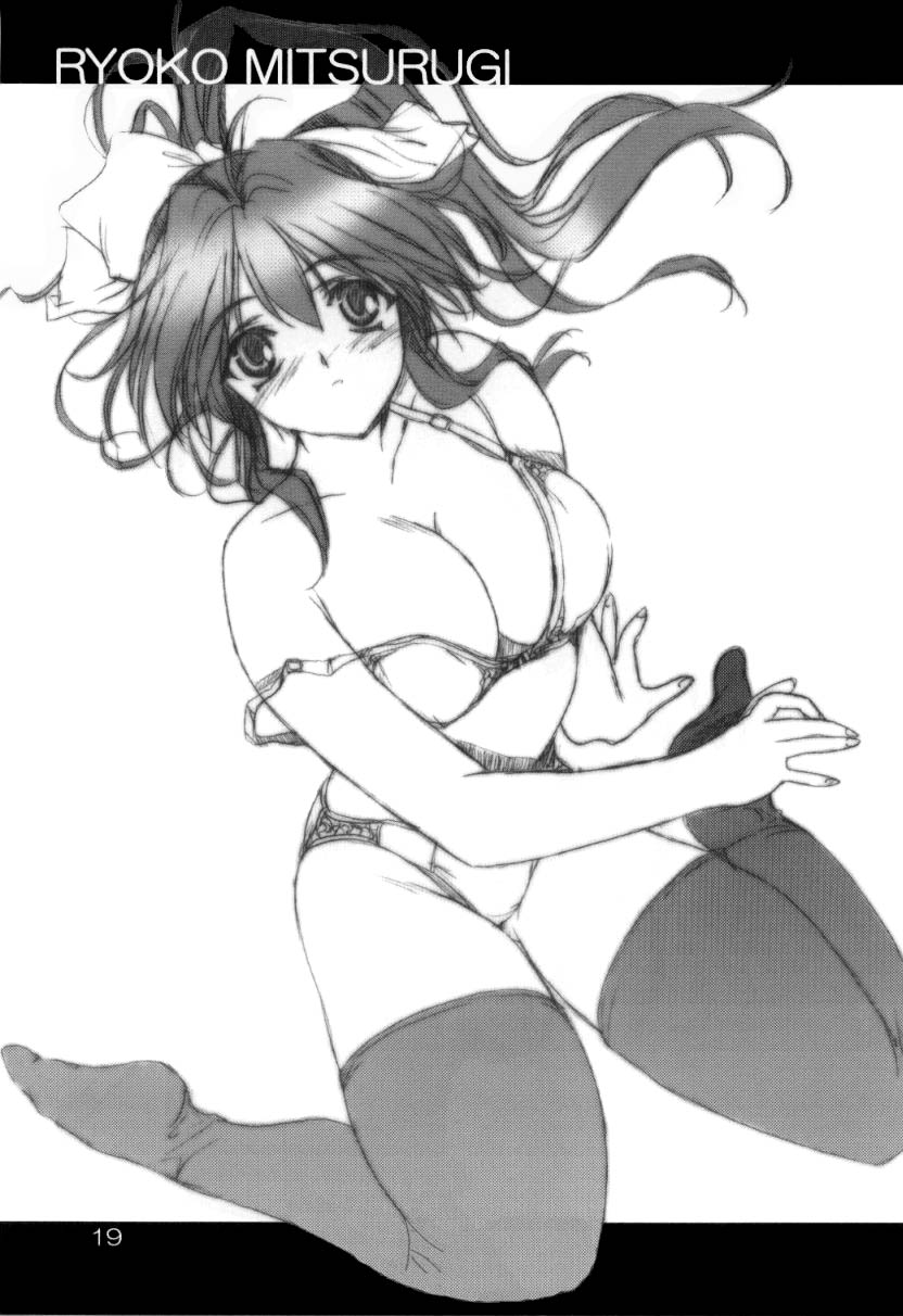 blush bow bra breasts character_name cleavage doujinshi greyscale hair_bow highres large_breasts lingerie mitsurugi_ryouko monochrome panties ponytail real_bout_high_school scan solo strap_gap strap_slip takegami_setsuna thighhighs underwear underwear_only