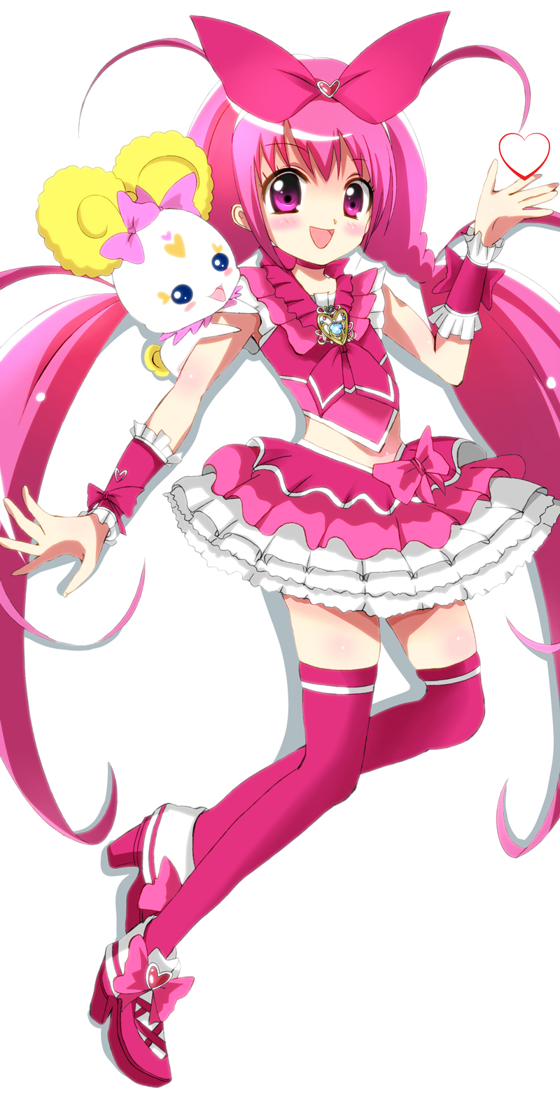 bow brooch candy_(smile_precure!) choker color_connection cosplay creature cure_happy cure_melody cure_melody_(cosplay) frills full_body hair_bow haru_(nature_life) heart highres hoshizora_miyuki jewelry long_hair look-alike magical_girl pink pink_bow pink_choker pink_eyes pink_hair pink_legwear pink_skirt precure shoes skirt smile smile_precure! suite_precure thighhighs twintails white_background wrist_cuffs zettai_ryouiki