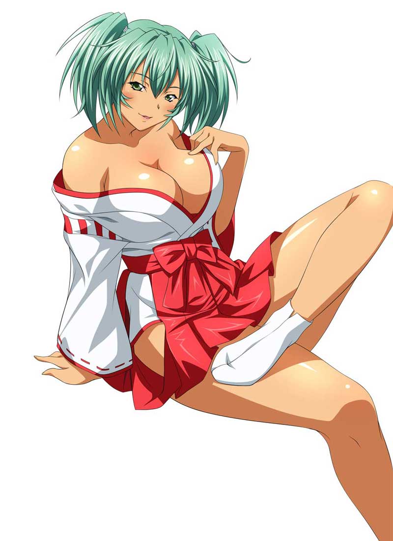 artist_request breasts cleavage green_eyes green_hair ikkitousen ikkitousen_great_guardians japanese_clothes kimono large_breasts official_art ryofu_housen simple_background solo tabi twintails white_background