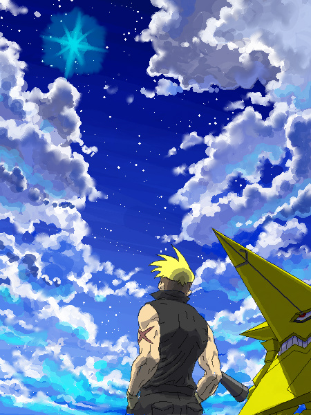 blue_sky cloud day diolemonde from_behind king_kittan kittan male_focus mecha muscle scar sky solo tengen_toppa_gurren_lagann