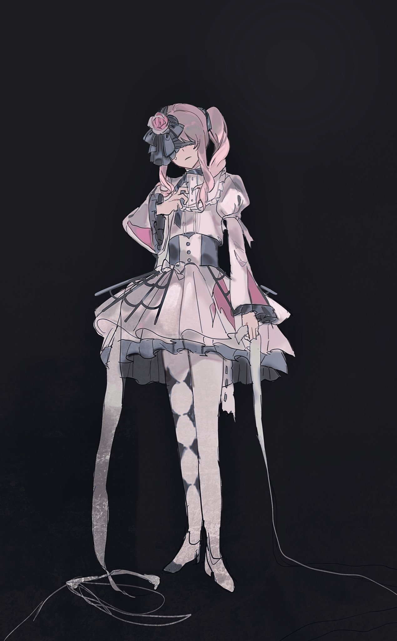 1other akiyama_mizuki black_background black_blindfold black_bow black_ribbon blindfold bow buttons closed_mouth corset dress flower frills full_body hair_bow hair_flower hair_ornament hair_ribbon hand_up high_heels highres holding juliet_sleeves keikyoku_no_machi_wa_doko_e_(project_sekai) long_hair long_sleeves official_alternate_costume pantyhose pink_flower pink_hair pink_rose ponytail project_sekai puffy_sleeves ribbon rose shoes side_ponytail sidelocks simple_background solo standing white_bow white_dress white_footwear white_pantyhose wide_sleeves yakulty