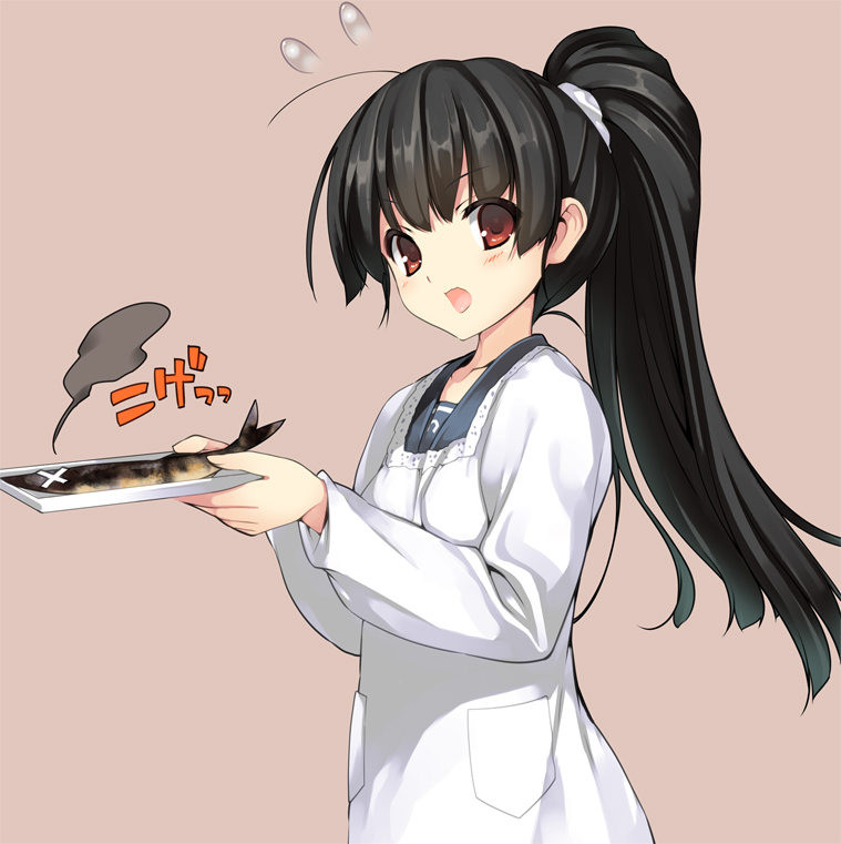 black_hair brown_background collarbone fish isokaze_(kantai_collection) kantai_collection kappougi long_hair long_sleeves naruse_hirofumi open_mouth plate ponytail red_eyes shirt simple_background solo upper_body white_shirt x_x