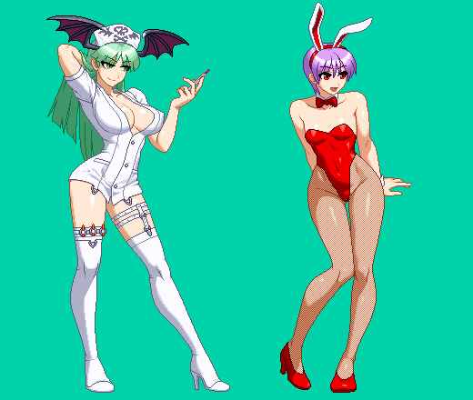 2girls animal_ears aoi_ship breasts darkstalkers demon_girl fake_animal_ears green_eyes green_hair head_wings lilith_(darkstalkers) morrigan_aensland multiple_girls nurse pixel_art playboy_bunny smile thighhighs white_thighhighs wings