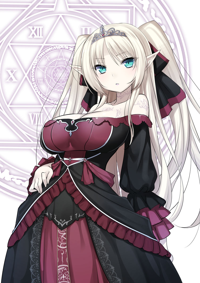 47agdragon aqua_eyes bare_shoulders black_dress blonde_hair bow breasts collarbone commentary dress frilled_dress frills hair_bow highres large_breasts layered_dress long_hair long_sleeves looking_at_viewer magic_circle original pale_skin pointy_ears purple_dress solo tattoo tiara two_side_up very_long_hair victorian