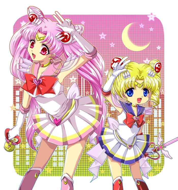 age_switch bishoujo_senshi_sailor_moon blonde_hair blue_eyes boots bow brooch chibi_usa choker crescent crescent_earrings crescent_moon crystal_carillon earrings elbow_gloves gloves gradient gradient_background jewelry kairi_(oro-n) kaleidomoon_scope knee_boots long_hair magical_girl moon multiple_girls older pink_background pink_footwear pink_hair pleated_skirt red_bow red_eyes red_footwear role_reversal sailor_chibi_moon sailor_collar sailor_moon sailor_senshi short_hair skirt smile standing star starry_background super_sailor_chibi_moon super_sailor_moon tiara tsukino_usagi twintails v white_gloves yellow_background younger