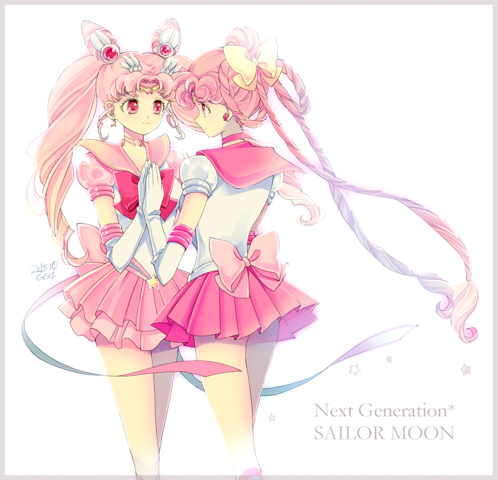 bangs bishoujo_senshi_sailor_moon blush border bow cerecere_(sailor_moon) chibi_usa choker closed_mouth copyright_name double_bun earrings elbow_gloves gloves hair_bow hair_ornament hair_rings hairclip hands_together holding_hands jewelry long_hair looking_at_another magical_girl multiple_girls older parted_bangs pink_bow pink_choker pink_hair pink_sailor_collar pleated_skirt puffy_short_sleeves puffy_sleeves ribbon sailor_ceres sailor_chibi_moon sailor_collar sailor_senshi sailor_senshi_uniform saki_(hxaxcxk) short_sleeves simple_background skirt smile star super_sailor_chibi_moon_(stars) text_focus tiara twintails white_background white_gloves yellow_bow