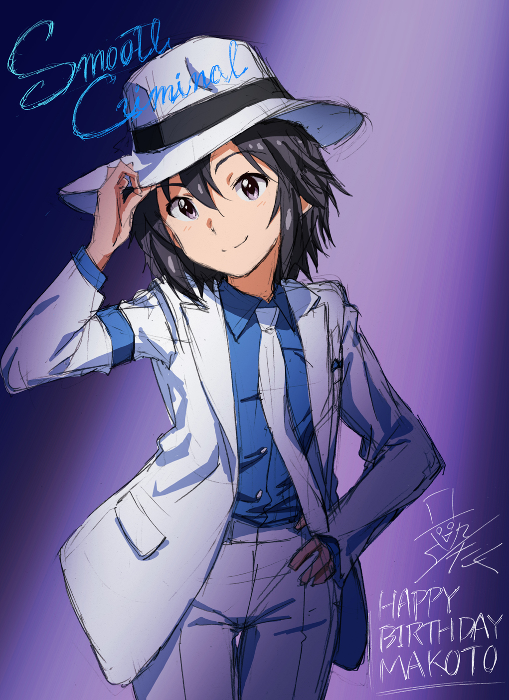 bad_id bad_pixiv_id character_name cosplay fedora formal hair_between_eyes happy_birthday hat highres idolmaster idolmaster_(classic) kikuchi_makoto michael_jackson michael_jackson_(cosplay) necktie purple_eyes signature smile smooth_criminal solo suit taku1122