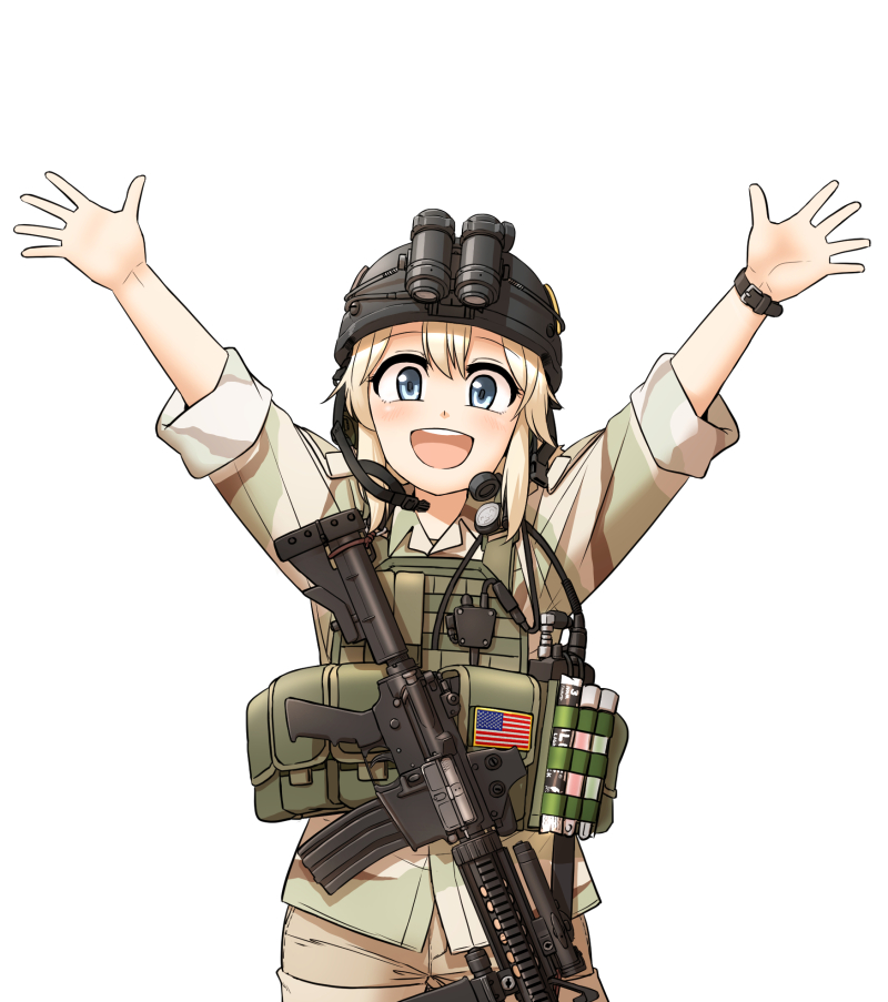 :d \o/ american_flag ar-15 arms_up assault_rifle belt_pouch blonde_hair blue_eyes camouflage commentary cowboy_shot eotech glowstick gun helmet load_bearing_vest m4_carbine meme military military_operator military_uniform night_vision_device open_mouth operator-chan original outstretched_arms plate_carrier pocket pouch radio rifle shino_(r_shughart) short_hair simple_background smile solo stanag_magazine tri-color_desert uniform vertical_foregrip watch weapon white_background