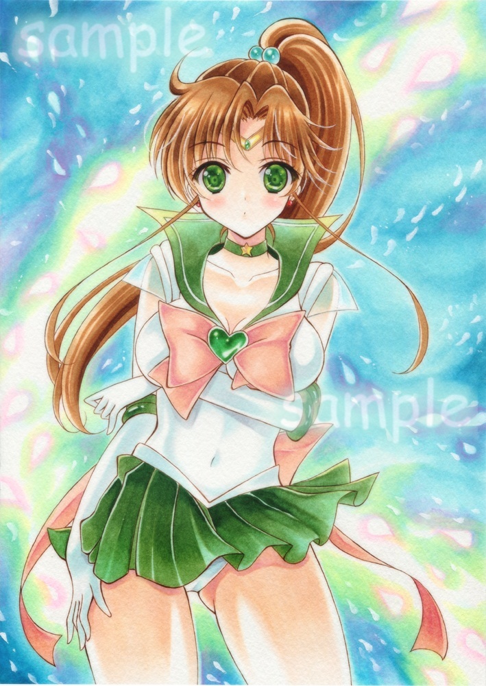 bishoujo_senshi_sailor_moon blue_background bow breast_rest breasts brooch brown_hair choker covered_navel cowboy_shot earrings elbow_gloves gloves green_choker green_eyes green_sailor_collar green_skirt hair_bobbles hair_ornament impossible_clothes jewelry kino_makoto large_breasts long_hair magical_girl panties pantyshot pantyshot_(standing) pink_bow pleated_skirt ponytail sailor_collar sailor_jupiter sailor_senshi_uniform sample skirt solo standing star star_choker super_sailor_jupiter tiara traditional_media underwear wakaba0801 white_gloves