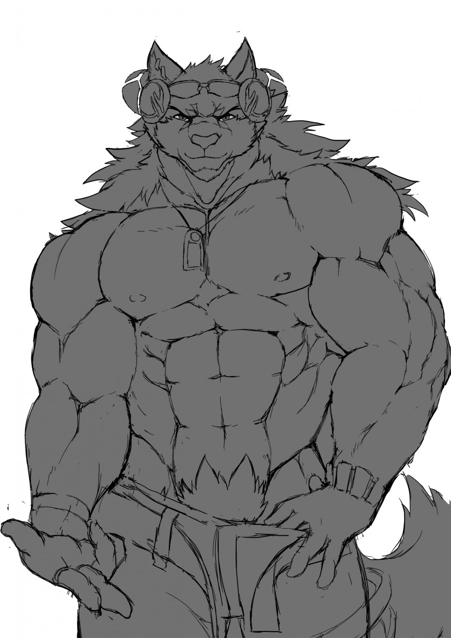 abs canine clothing lokya male mammal monochrome muscular pants pecs simple_background solo teasing underwear undressing