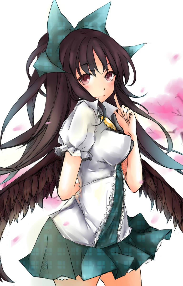 black_hair bow breasts hair_bow highres long_hair md5_mismatch medium_breasts patchouligo red_eyes reiuji_utsuho skirt solo third_eye touhou wings