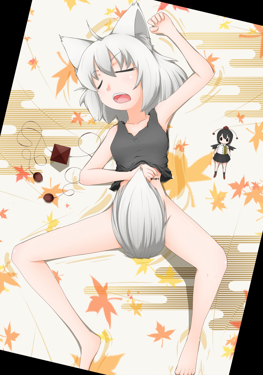 ahoge animal_ears armpits autumn_leaves barefoot bottomless character_doll closed_eyes convenient_censoring doll hat highres hullzion inubashiri_momiji leaf maple_leaf no_panties open_mouth shameimaru_aya short_hair silver_hair sleeping solo spread_legs tail tail_censor tank_top tokin_hat touhou wolf_ears wolf_tail