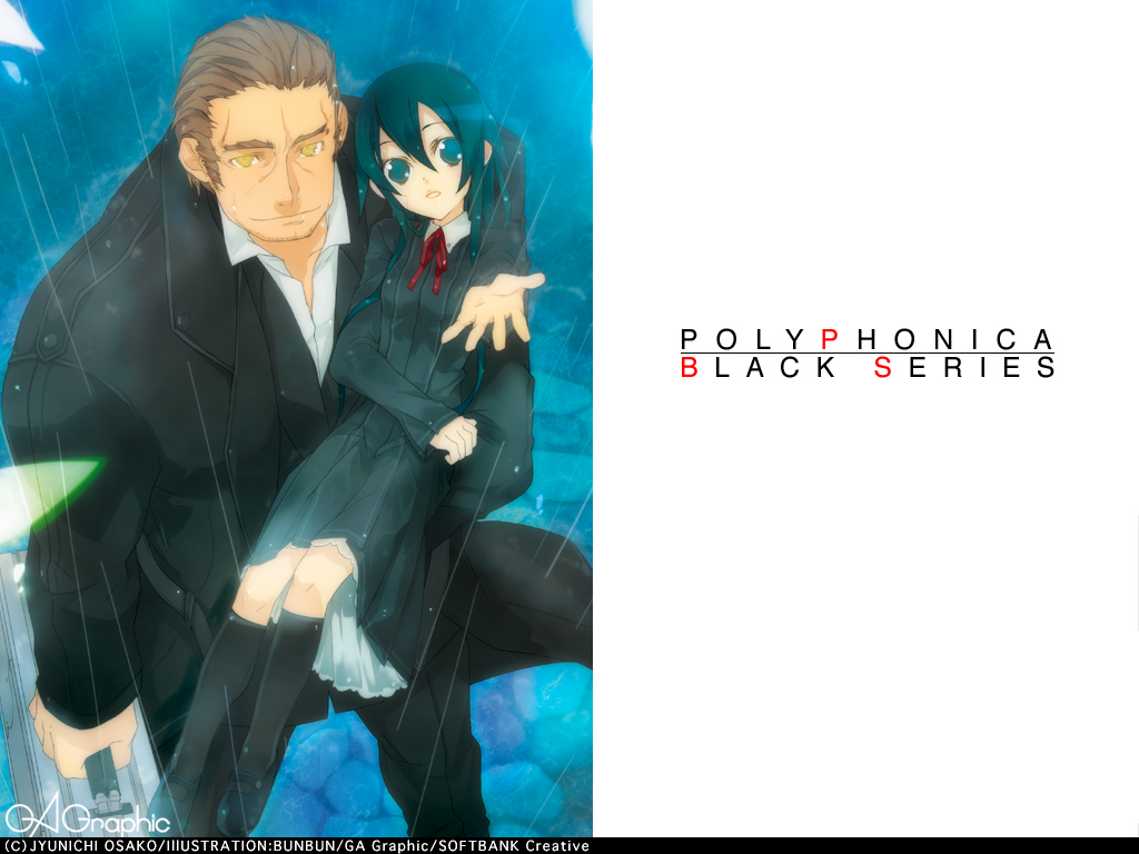 1girl :d age_difference black_hair blue_eyes brown_hair bunbun carrying dress flat_chest formal kneehighs long_hair machiya_matia managariastinocle_rag_eduraikerius mary_janes open_mouth outdoors outstretched_hand polyphonica:the_black rain ribbon shinkyoku_soukai_polyphonica shoes short_hair smile standing suit suitcase yellow_eyes