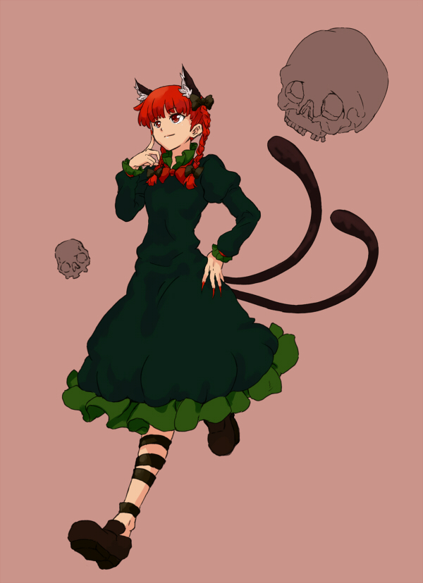 animal_ears bad_id bad_pixiv_id bow braid cat_ears cat_tail fingernails hair_ribbon kaenbyou_rin multiple_tails red_eyes red_hair ribbon shibasaki_shouji short_hair skull solo tail touhou twin_braids twintails