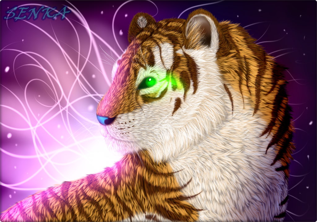 2014 ambiguous_gender black_eyes blue_nose detailed_background digital_media_(artwork) feline fluffy fur golden_tabby_tiger green_sclera inner_ear_fluff kyuubicore looking_away mammal senka-bekic senka_bekic solo tiger watermark