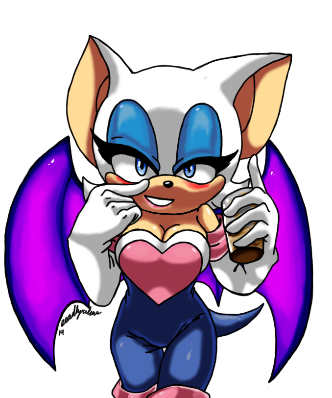 alcohol bat beverage blue_eyes blush cleavage clothed clothing deadlyclaws drunk female food looking_at_viewer mammal rouge_the_bat solo sonic_(series)