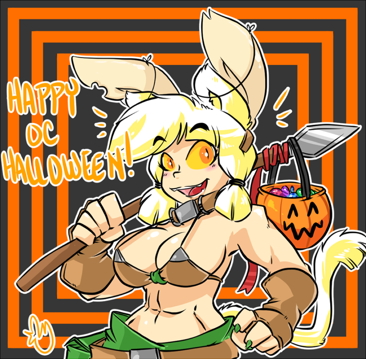 abs animal_humanoid blonde_hair blush breasts candy cat_humanoid claws clothed clothing cosplay feline female fingerless_gloves food gloves hair halloween holidays humanoid mammal melee_weapon midriff muscular muscular_female open_mouth pcaduck polearm slit_pupils snowy_(pcaduck) solo spear weapon