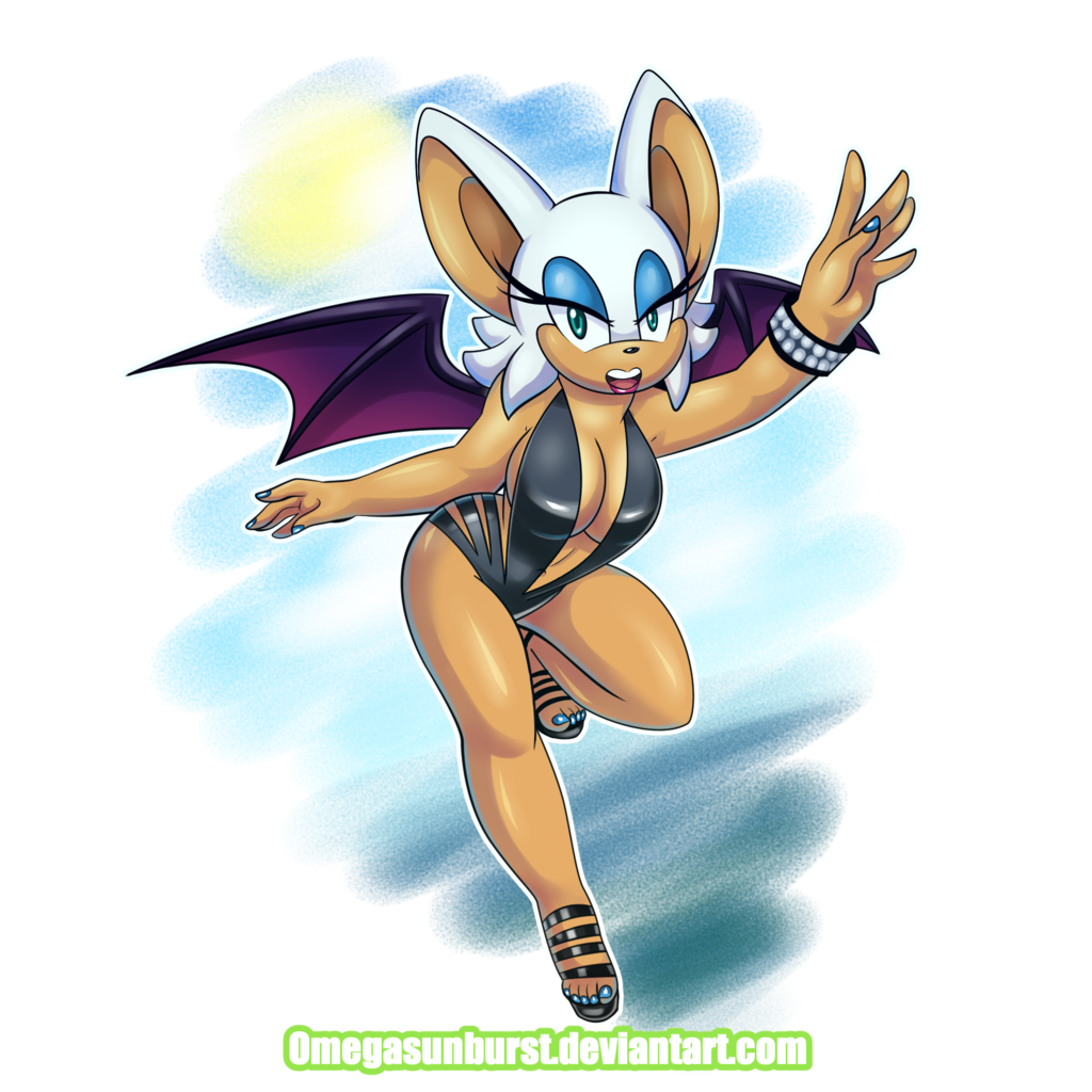 bat blue_eyes clothing female footwear looking_at_viewer mammal omegasunburst_(artist) open_mouth rouge_the_bat sandals solo sonic_(series) thick_thighs