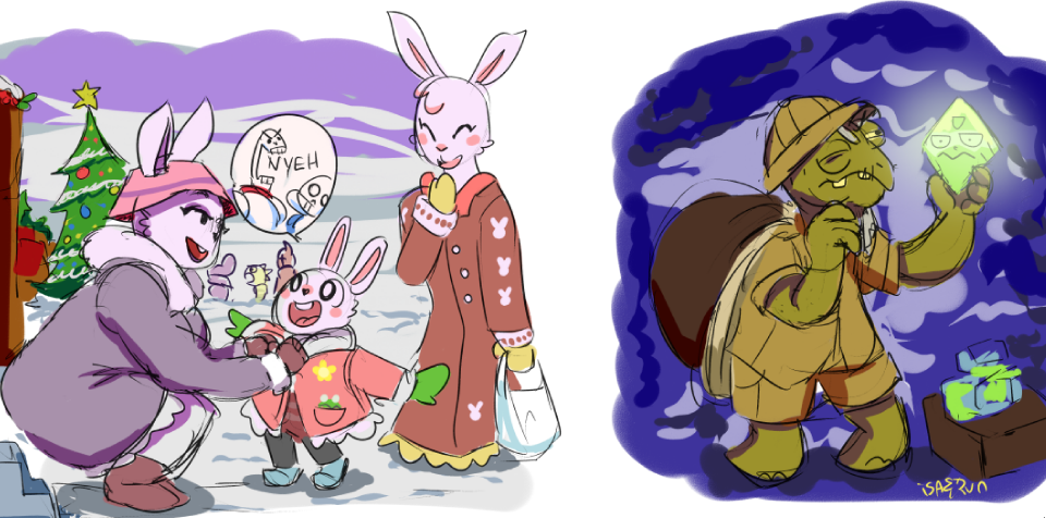 2015 anthro blush bone brothers buckteeth child coat crossover daughter english_text female fur gem gerson group handbag hat isabunnie lagomorph male mammal monster monster_kid mother mother_and_daughter old one_eye_closed papyrus_(undertale) parent peridot_(steven_universe) rabbit rabbit_shopkeeper_(undertale) reptile sans_(undertale) scalie sibling skeleton snow speech_bubble steven_universe teeth text tree turtle undertale video_games white_fur young