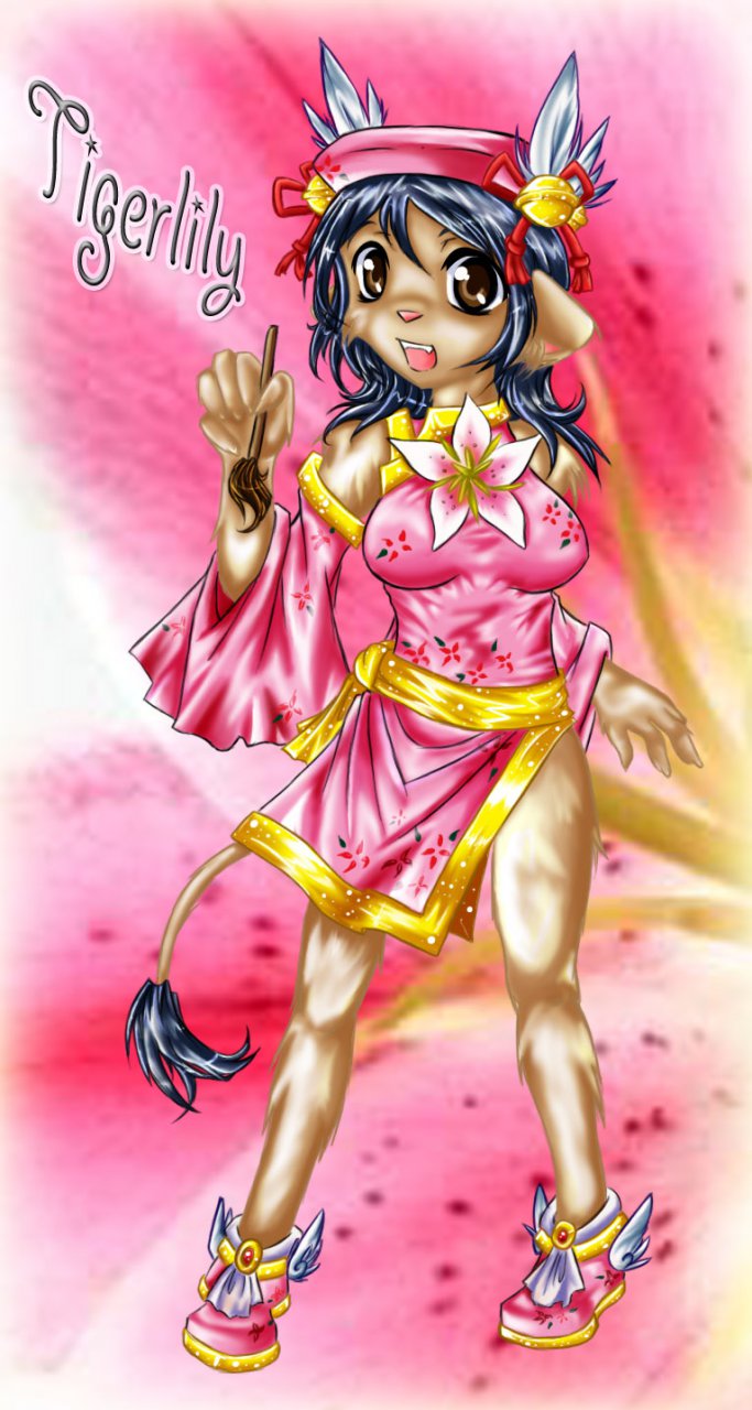 2009 anthro black_fur black_hair breasts brown_eyes brown_fur clothed clothing english_text feline female flower footwear fur hair hat lion mammal paintbrush pink_background pink_nose plant shoes simple_background smile solo teeth text tigerlily tigerlilylucky