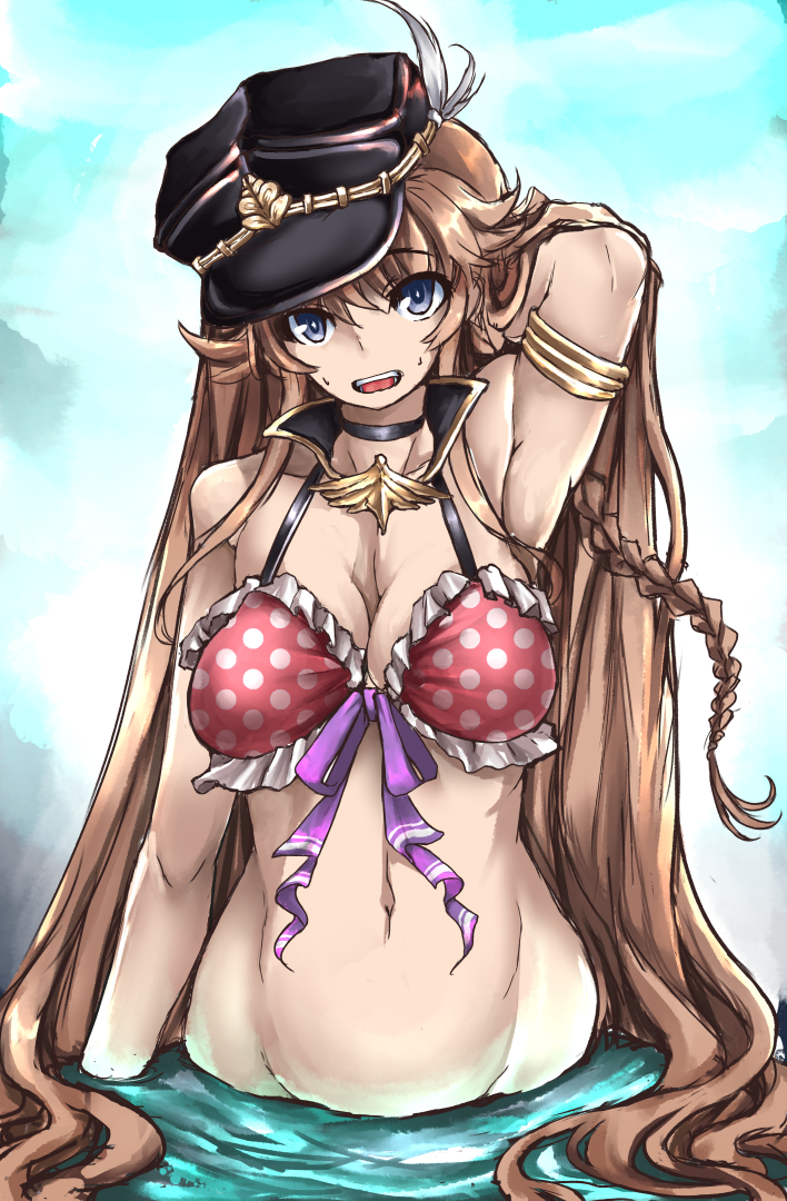 bikini bokuso bottomless braid breasts choker cleavage granblue_fantasy groin hat large_breasts lavender_eyes lecia_(granblue_fantasy) light_brown_hair long_hair navel open_mouth partially_submerged pink_bikini polka_dot polka_dot_bikini polka_dot_swimsuit single_braid smile solo swimsuit very_long_hair wading water