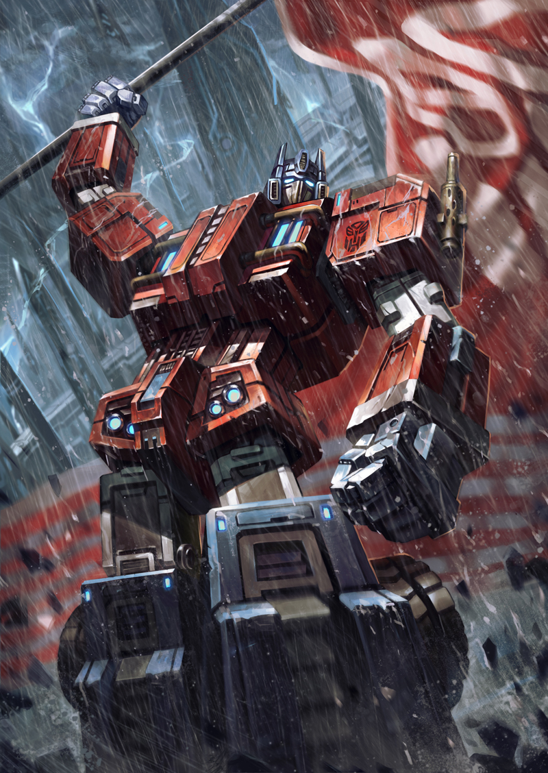 autobot cybertron emblem flag kote_(tures) lightning machinery mecha no_humans optimus_prime outdoors rain realistic redesign robot science_fiction standing transformers water