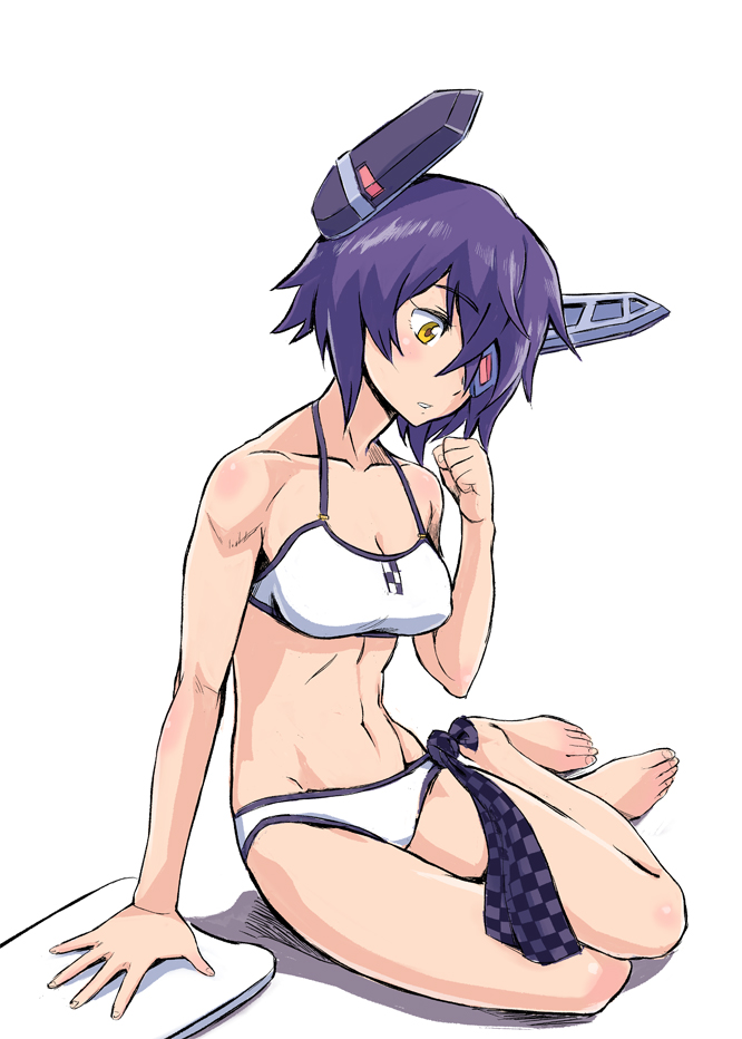 bikini checkered checkered_neckwear eyepatch headgear kantai_collection ken-sya kickboard necktie purple_hair short_hair solo swimsuit tenryuu_(kantai_collection) white_bikini yellow_eyes