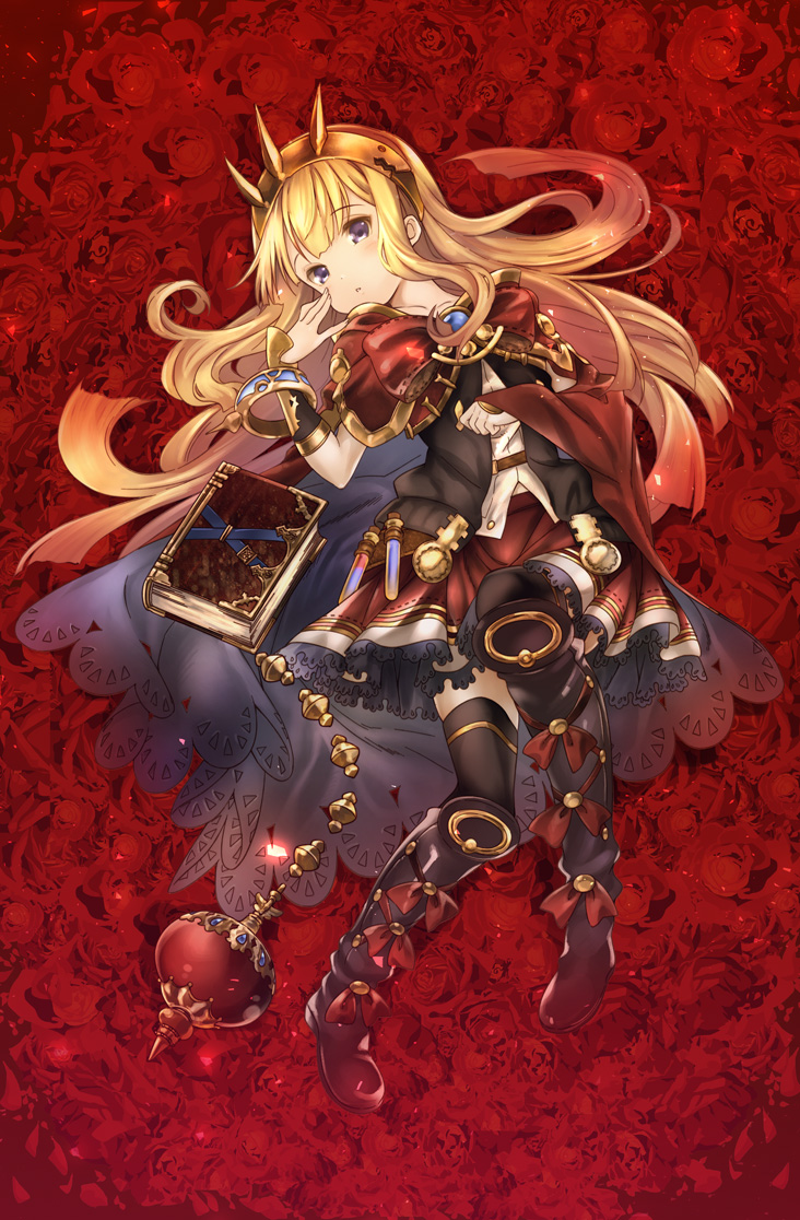 armor bangs belt blonde_hair boots bow bracelet brooch cagliostro_(granblue_fantasy) cape flower full_body granblue_fantasy hairband head_tilt jewelry kawakami_shuuichi knee_boots long_hair lying md5_mismatch on_back parted_lips purple_eyes red_background red_bow red_cape red_skirt ring rose skirt solo spiked_hairband spikes test_tube thighhighs