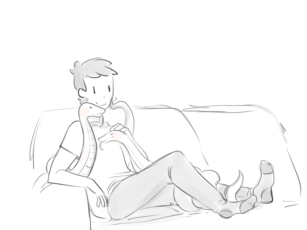 affection ambiguous_gender caress clothed clothing cute feral forked_tongue happy human larger_male legwear male mammal monochrome petting reptile sasha_(artist) scalie simple_background size_difference smile snake socks sofa tongue tongue_out