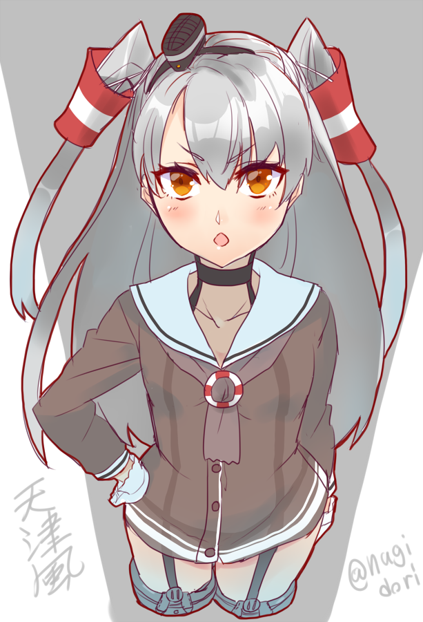 :o amatsukaze_(kantai_collection) brown_eyes character_name collarbone cowboy_shot dress frown garter_straps hair_tubes hairband hand_on_hip kantai_collection long_hair looking_at_viewer nagidori open_mouth sailor_dress see-through short_dress silver_hair sketch solo thighhighs twitter_username two_side_up v-shaped_eyebrows