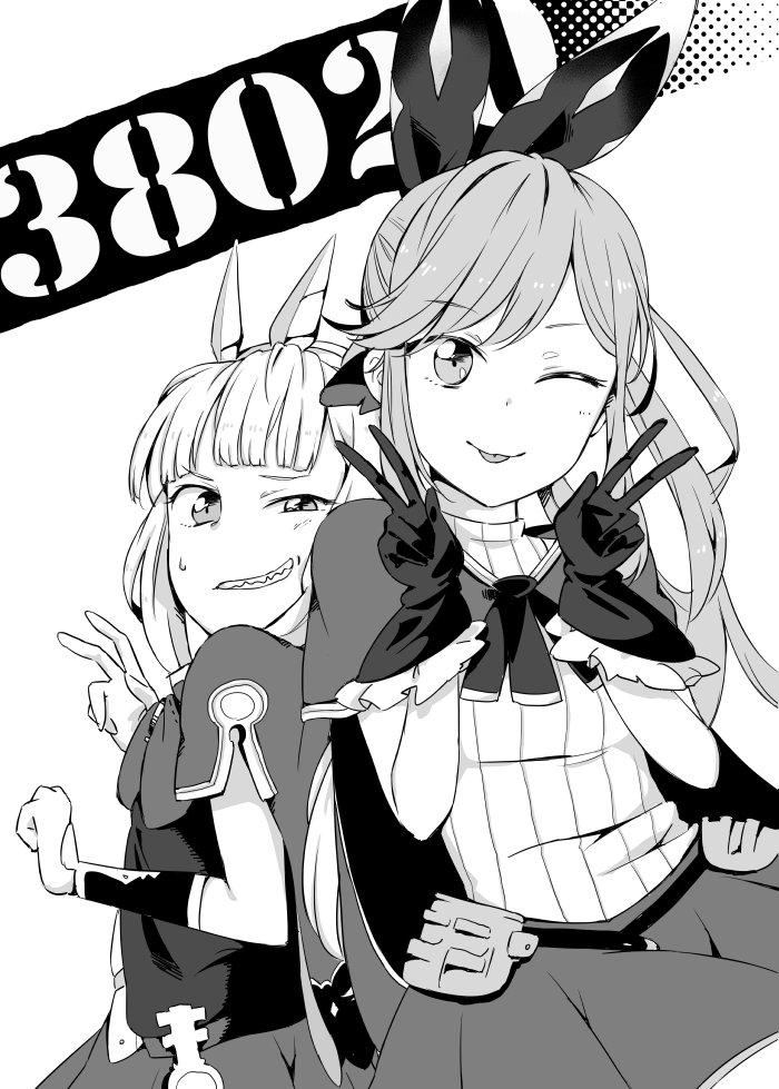 :p ;p bow cagliostro_(granblue_fantasy) cape clarisse_(granblue_fantasy) double_v gloves granblue_fantasy greyscale grin long_hair looking_at_viewer monochrome multiple_girls one_eye_closed smile tongue tongue_out tsumutsumu v