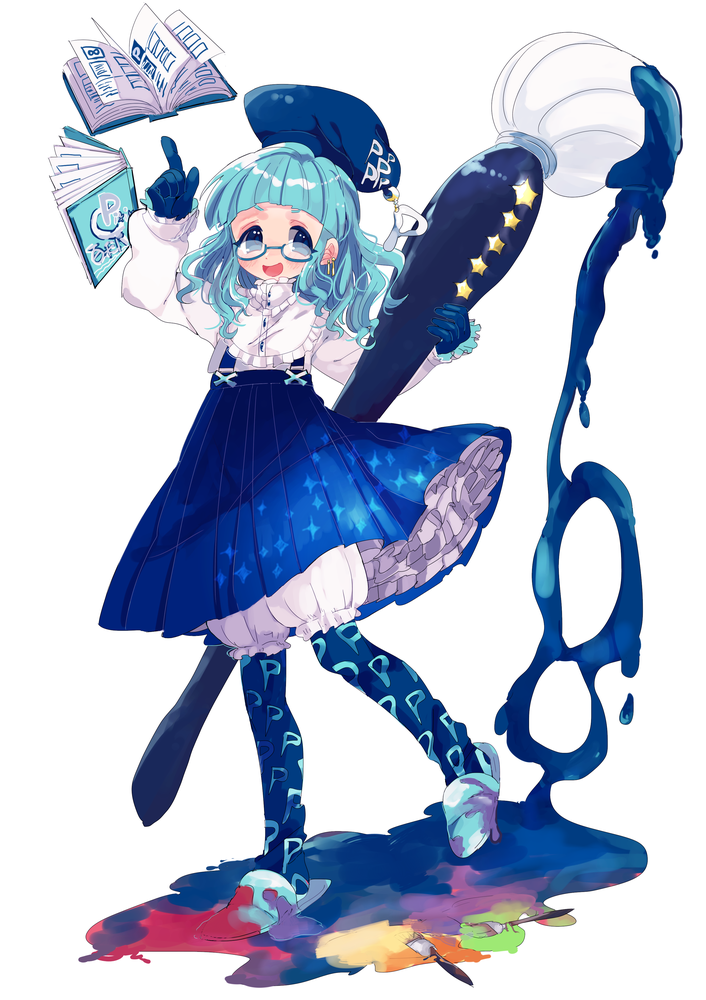 8 blue blue_dress blue_eyes blue_gloves blue_hair blue_legwear book dress glasses gloves hat looking_at_viewer number open_book open_mouth paint paintbrush pantyhose petticoat pixiv pixiv-tan pointing pointing_up solo star torokeru