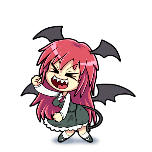 &gt;_&lt; animated animated_gif ass_shake breasts chibi clenched_hands closed_eyes commentary dancing daniel_renard demon_girl demon_tail dithering dress dress_shirt english_commentary head_wings hypnotic koakuma long_hair looping_animation lowres medium_breasts necktie open_mouth red_hair sharp_teeth shirt simple_background skirt skirt_set solo tail teeth the_monkey toon touhou vest white_background wings
