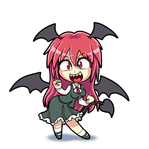 animated animated_gif ass_shake breasts chibi clenched_hands commentary dancing daniel_renard demon_girl demon_tail dithering dress dress_shirt english_commentary head_wings hypnotic koakuma long_hair looking_at_viewer looping_animation lowres medium_breasts necktie open_mouth red_eyes red_hair sharp_teeth shirt simple_background skirt skirt_set solo tail teeth toon touhou vest white_background wings
